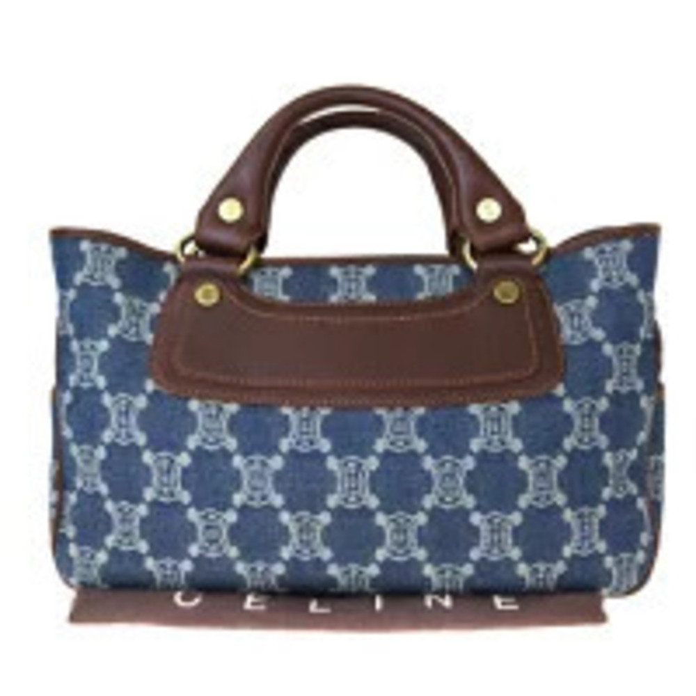 Celine Boogie Paris Macadam Handbag Denim Blue Brown Canvas Leather